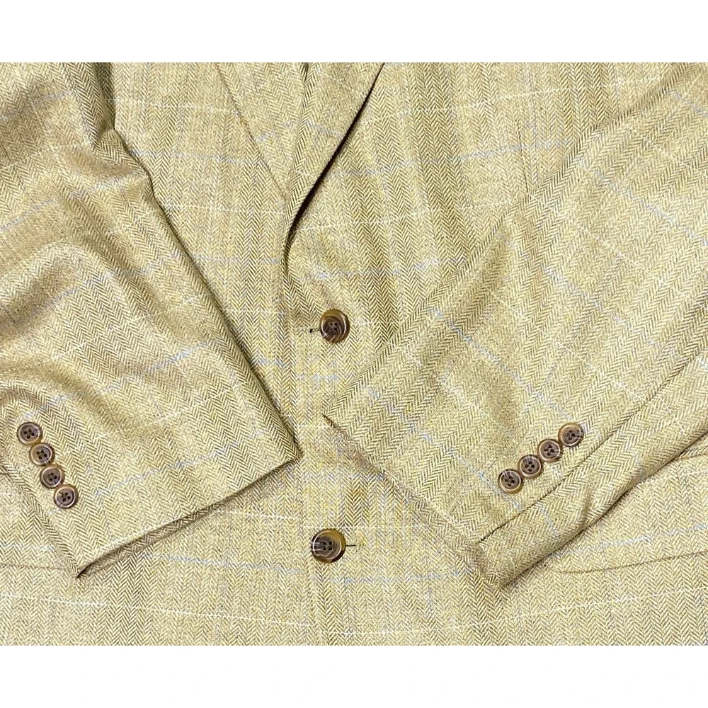 Lands' End Men 44 LONG 100% Silk Herringbone British Tan Aqua White Check Blazer